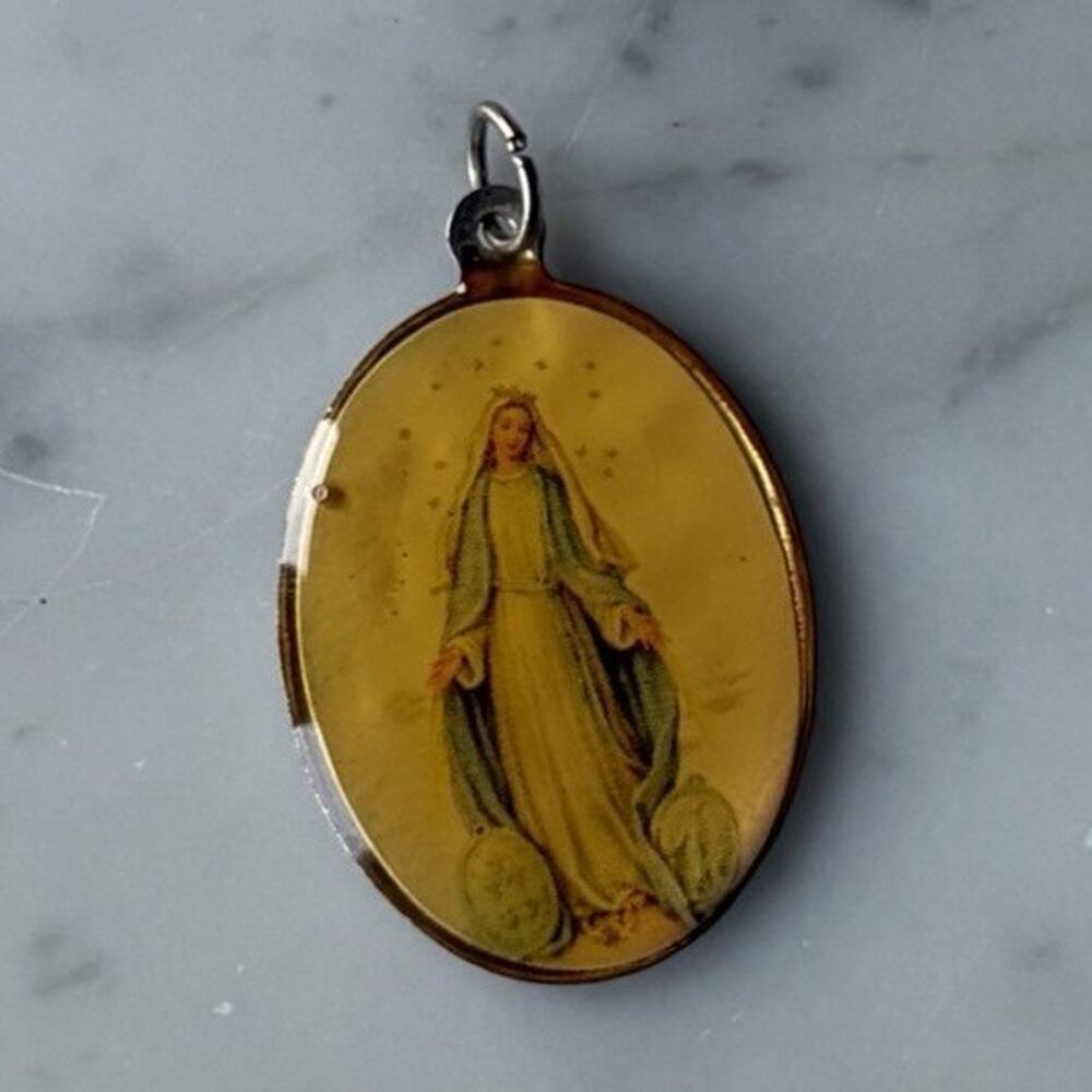 Virgin Mary Christian Medal Pendant with Cross and Religious Symbols
